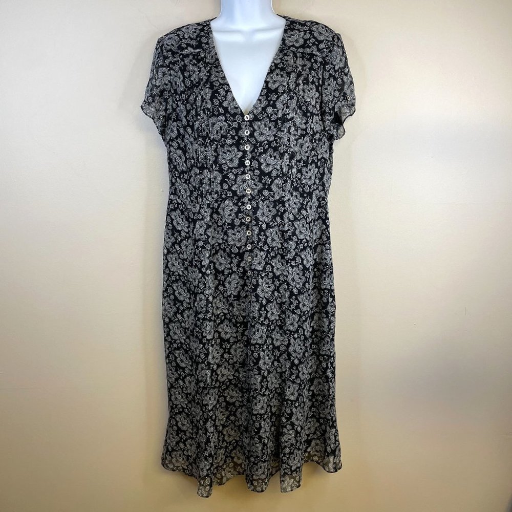 Anne Klein Vintage Y2K Cottagecore Silk Dress Size 10 Black Chiffon Deep V Midi